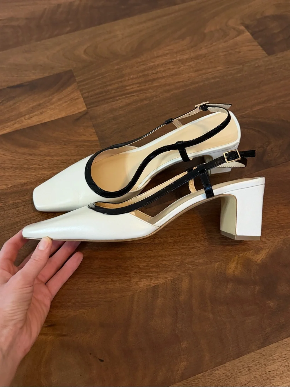 Maeve White Pointed Slingback Block Heel with Black Trim